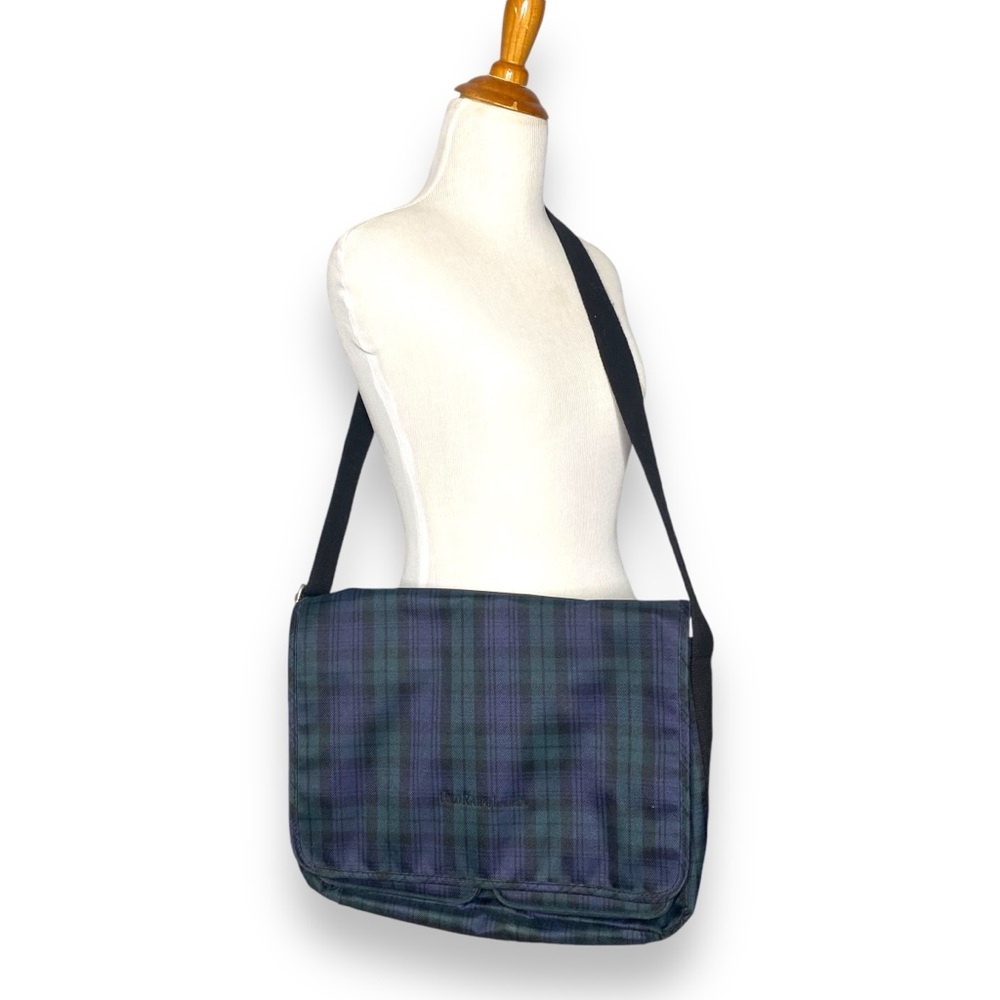 Vtg POLO RALPH LAUREN Blue Green Tartan Messenger Bag
